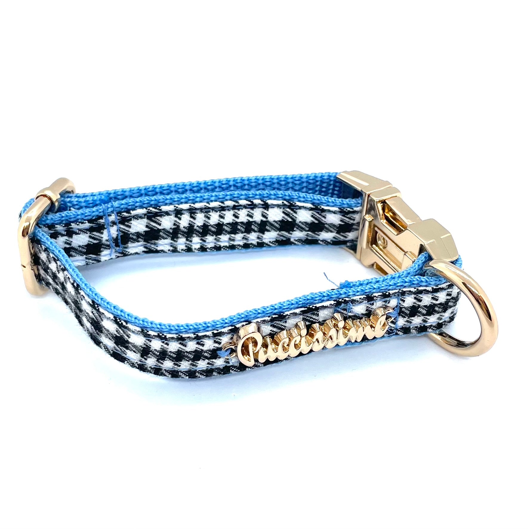 Dog collar with blue and black checkered pattern on a white background