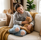 Woman sitting on a couch with her cat wearing a sweatshirt that says 'Just a girl and her cat' in a cozy living room.