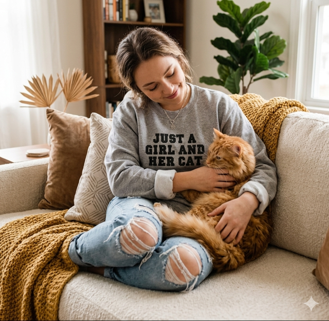 Woman sitting on a couch with her cat wearing a sweatshirt that says 'Just a girl and her cat' in a cozy living room.
