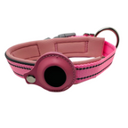 Pink dog collar with a black circular feature on a white background