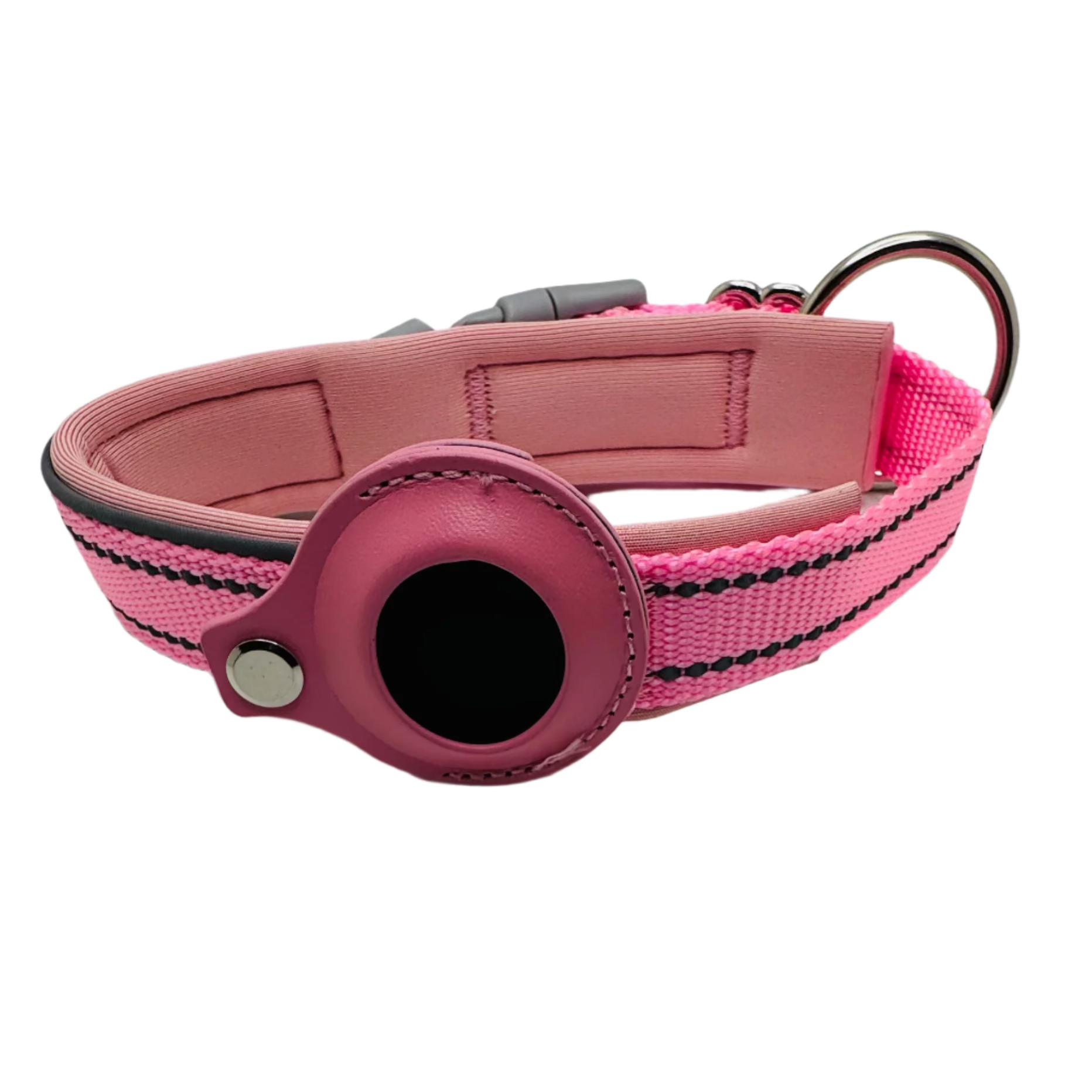 Pink dog collar with a black circular feature on a white background