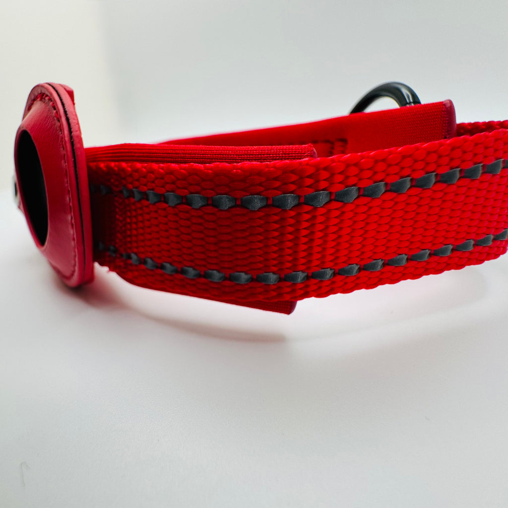 Red dog collar with black stitching on a white background