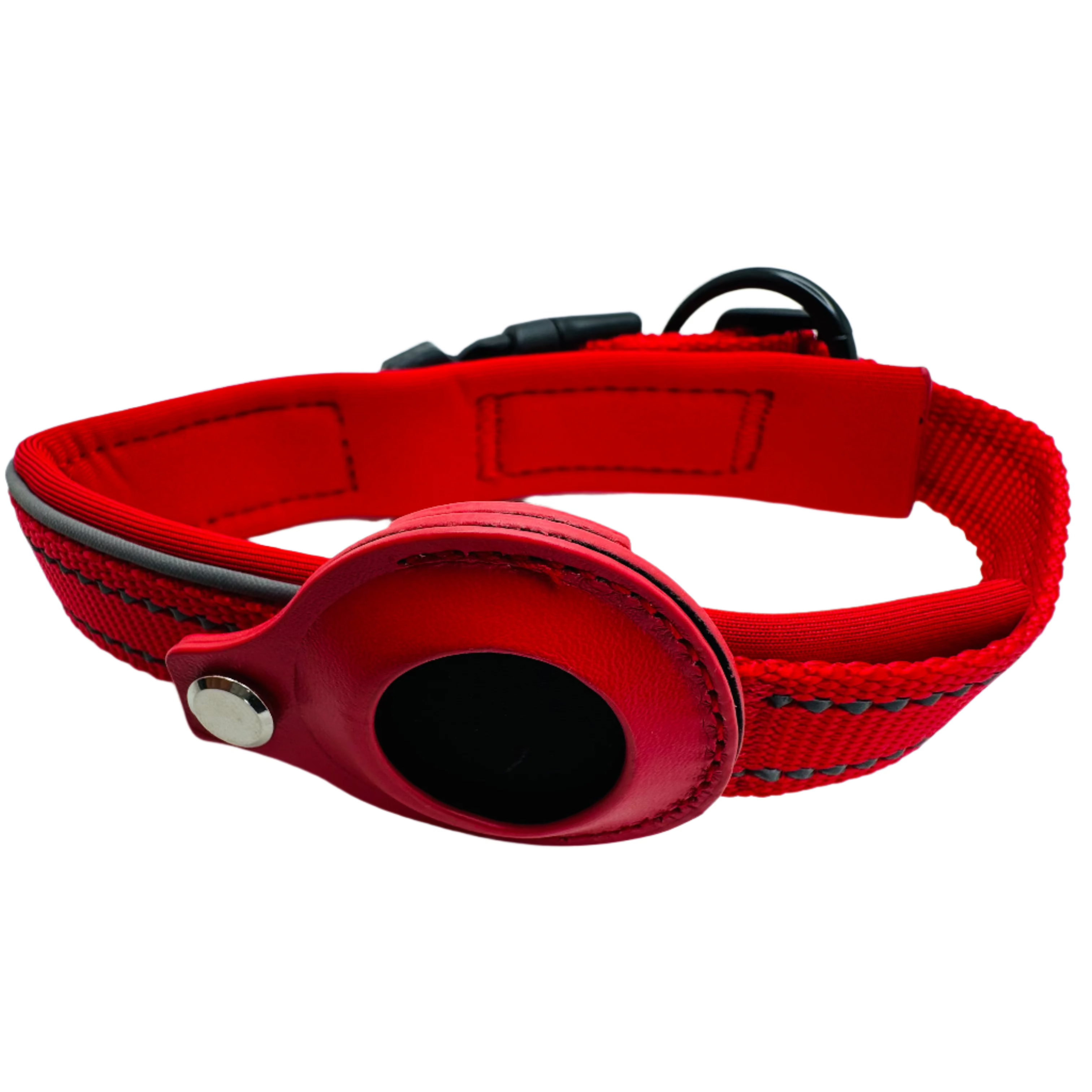 Red dog collar with a black buckle on a white background