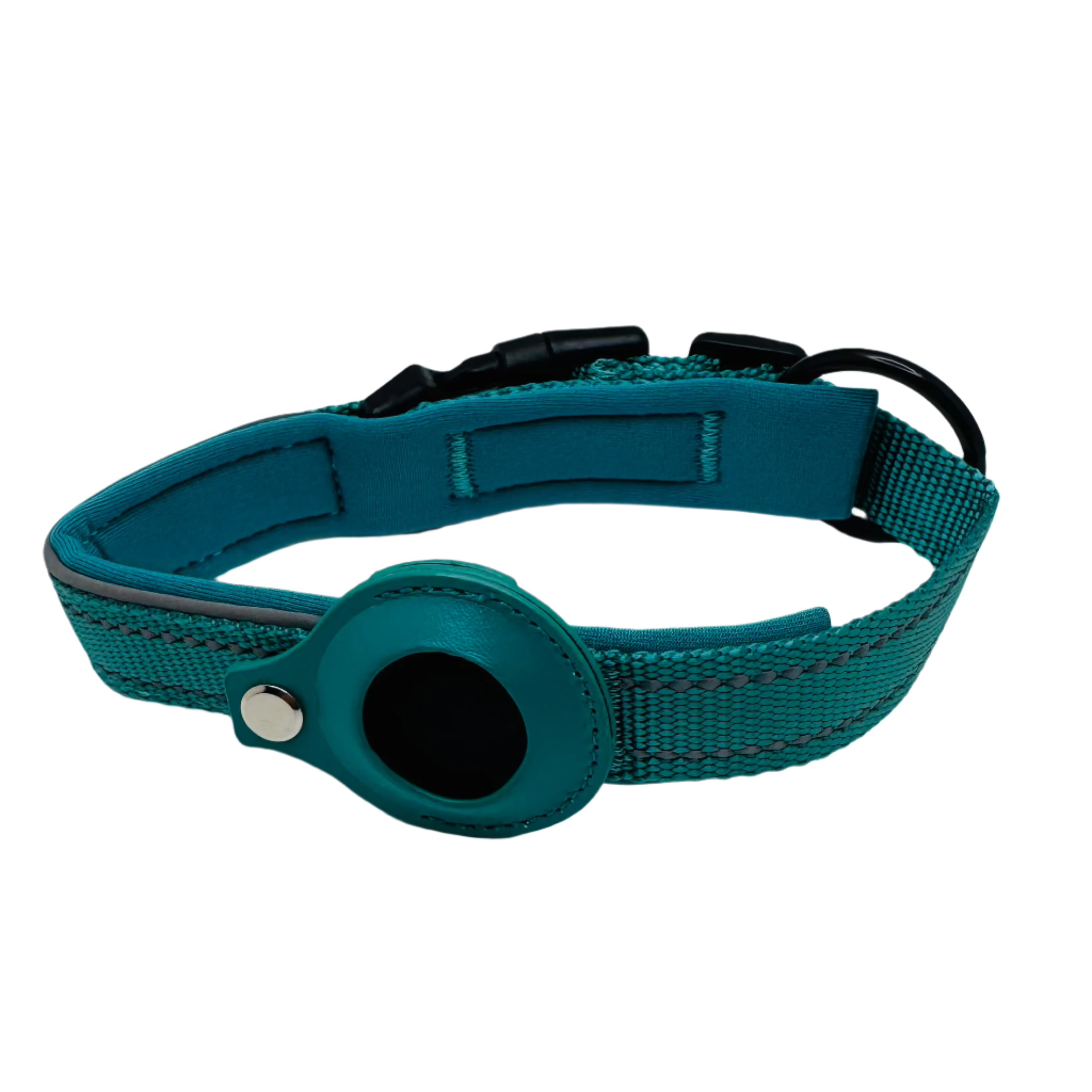 Teal dog collar with a black buckle on a white background