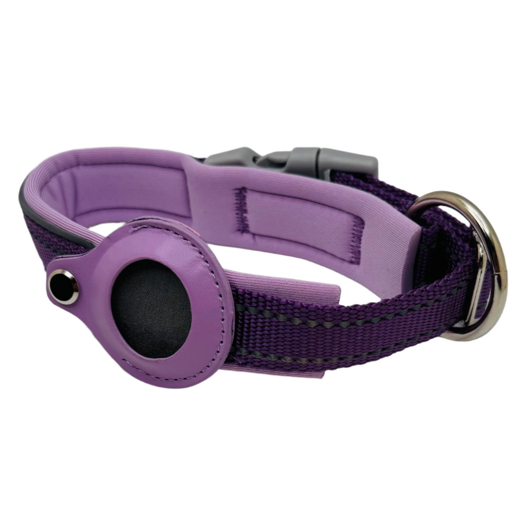 Purple dog collar with a black circular feature on a white background