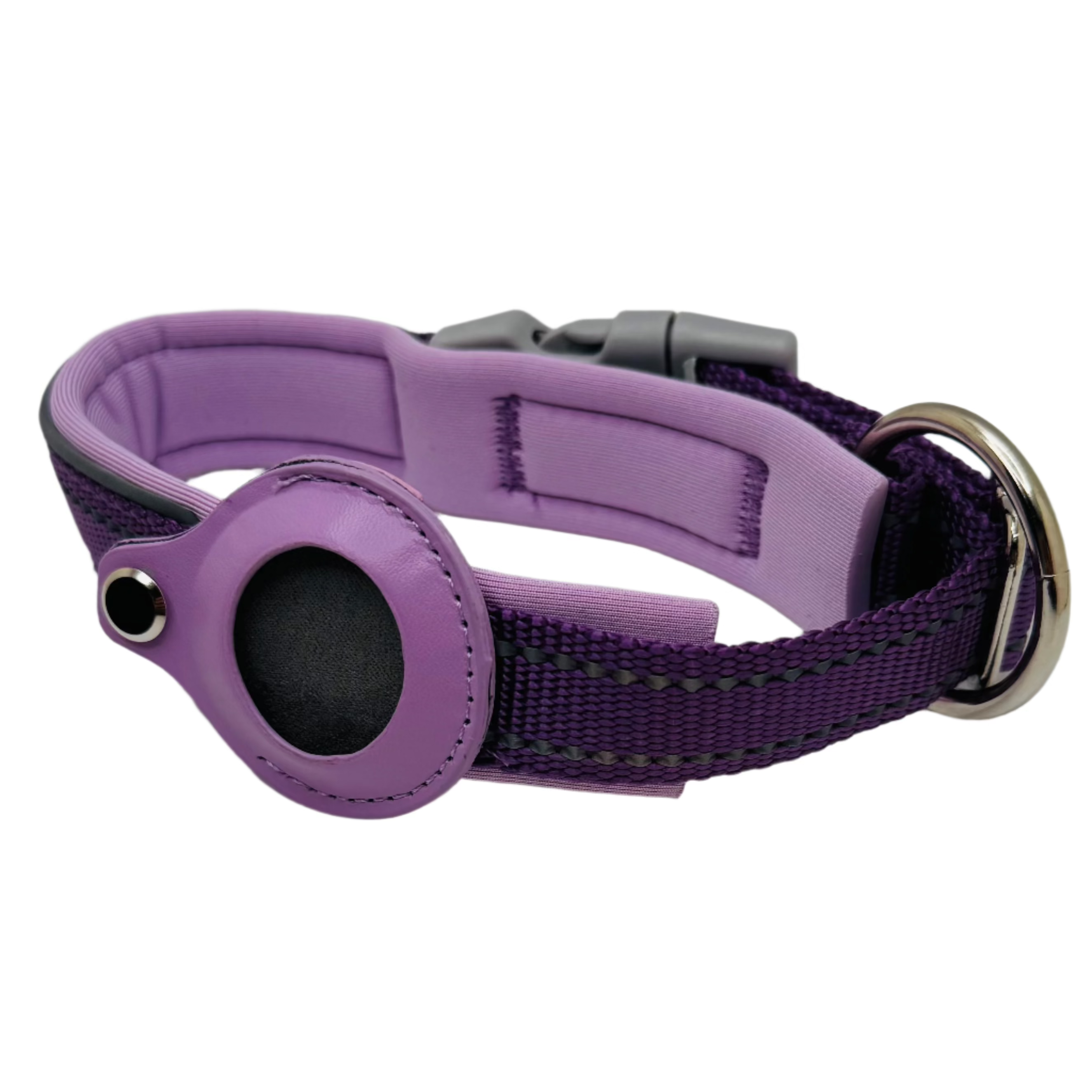 Purple dog collar with a black circular feature on a white background