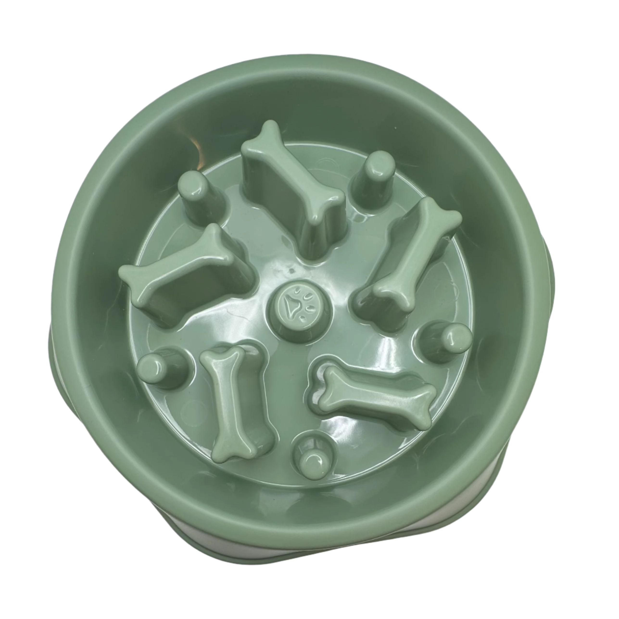 Green pet slow feeder bowl with bone-shaped protrusions on a white background