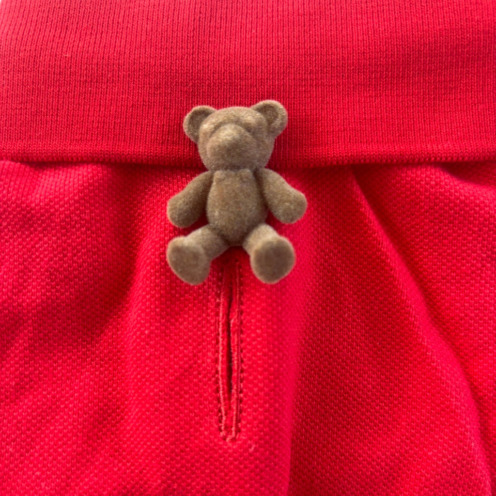 Small brown teddy bear attached to a red dog polo shirt