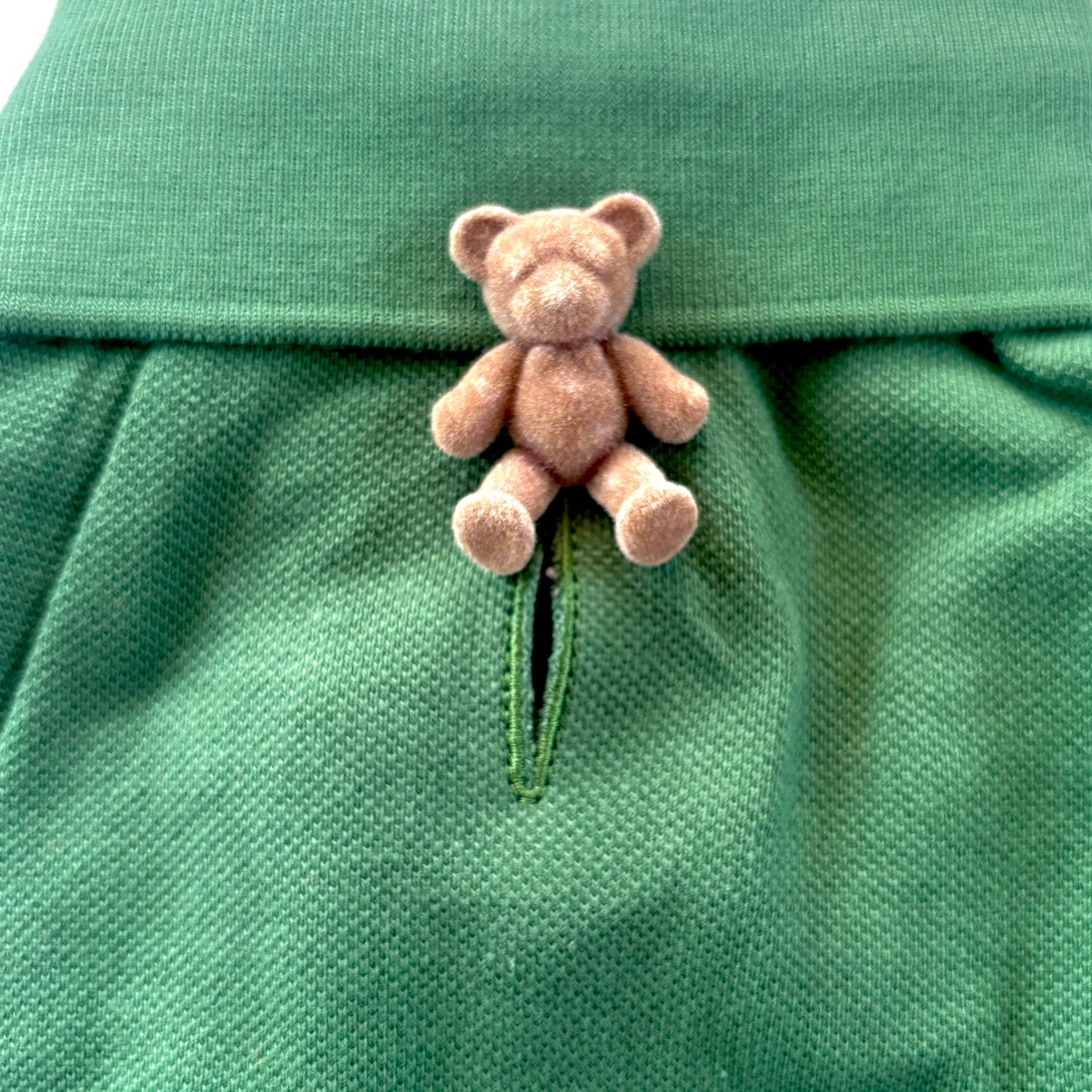 Small teddy bear attached to a green garment