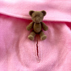 Small brown teddy bear on a pink fabric background