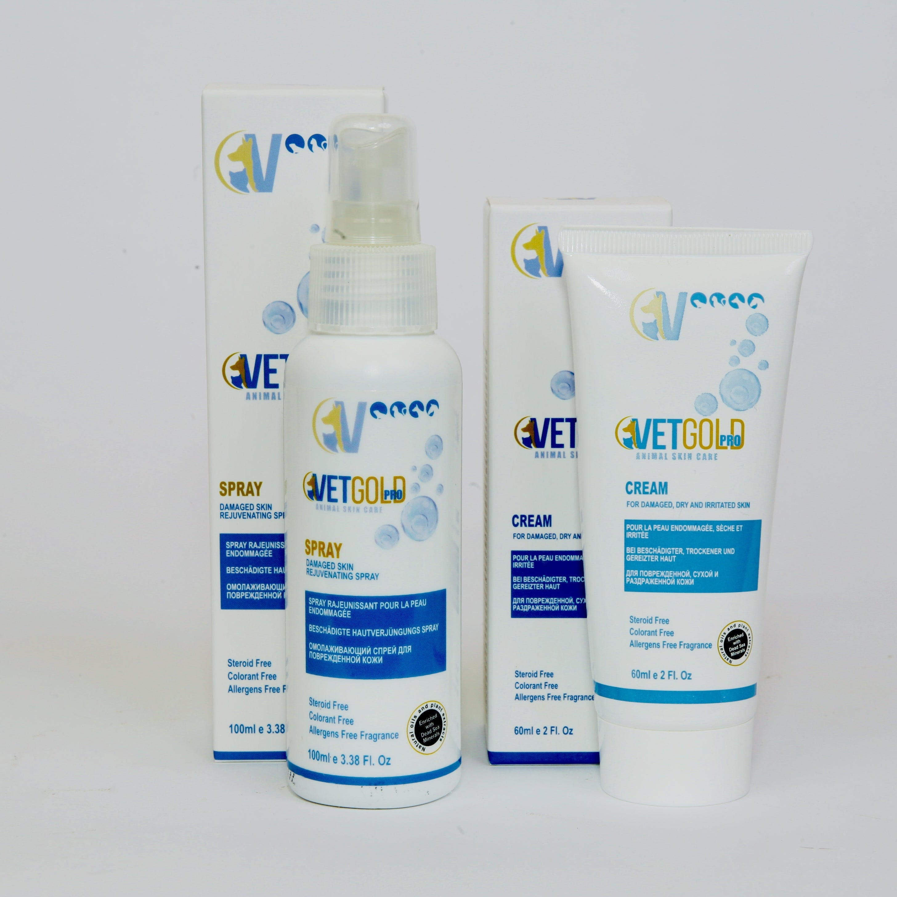 VetGold pet care products including spray and cream on a white background