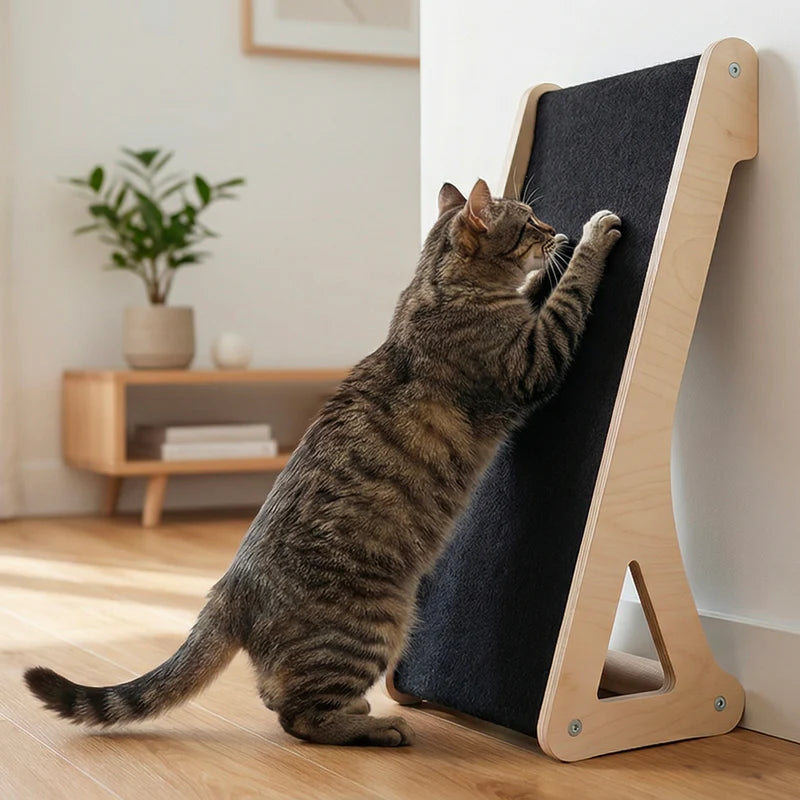 Cat using a wooden scratching post against a white wall with a plant and shelf in the background.