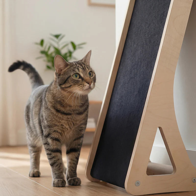 Cat standing next to a wooden cat scratcher.