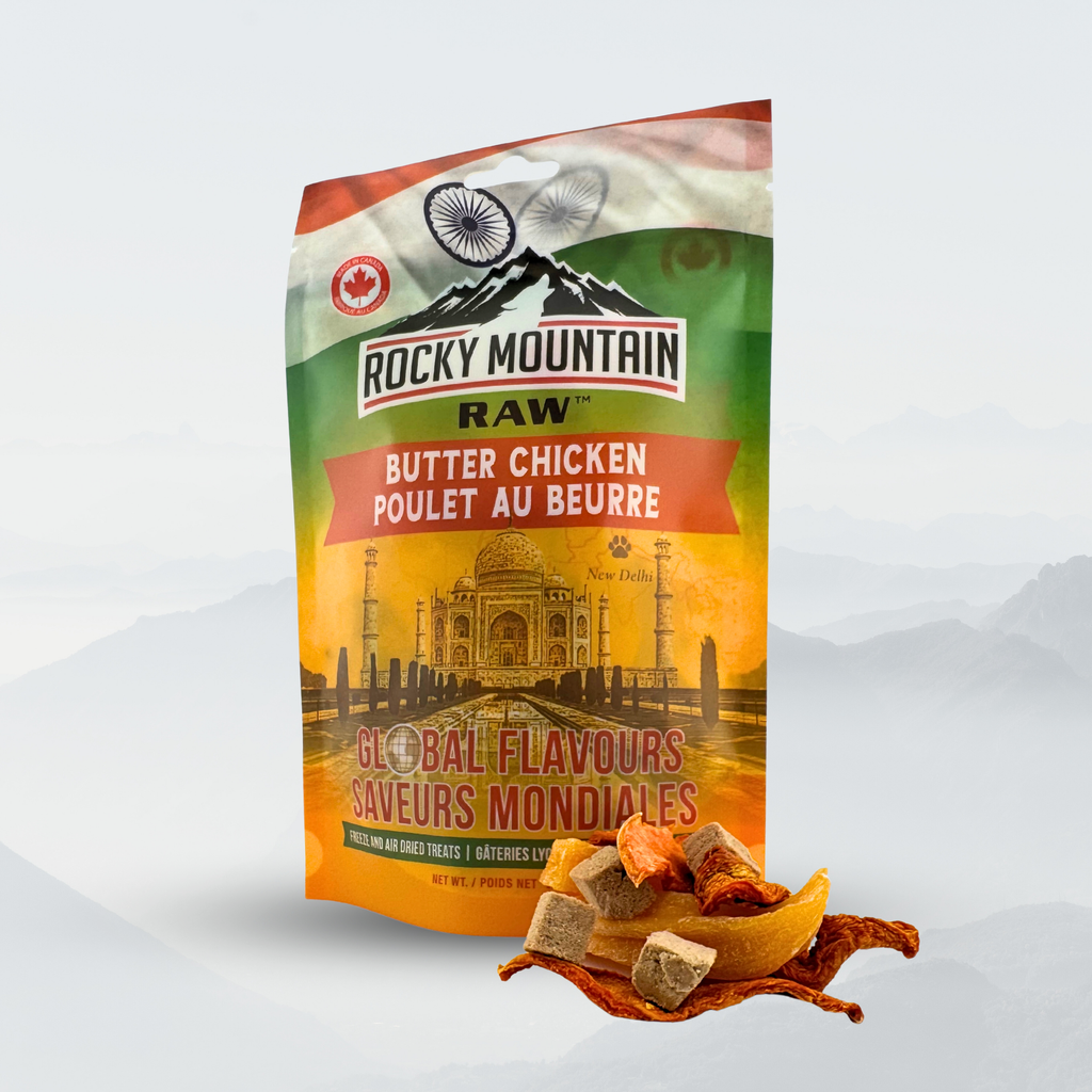 Packaged Dog treats with Rocky Mountain Raw branding on a white background