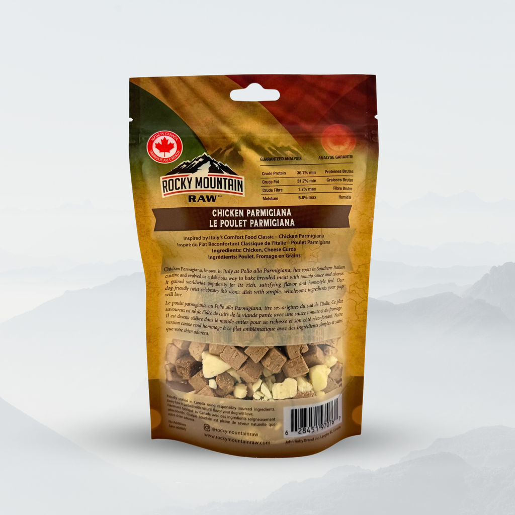 Package of Rocky Mountain Raw chicken Parmigiana dog food on a white background