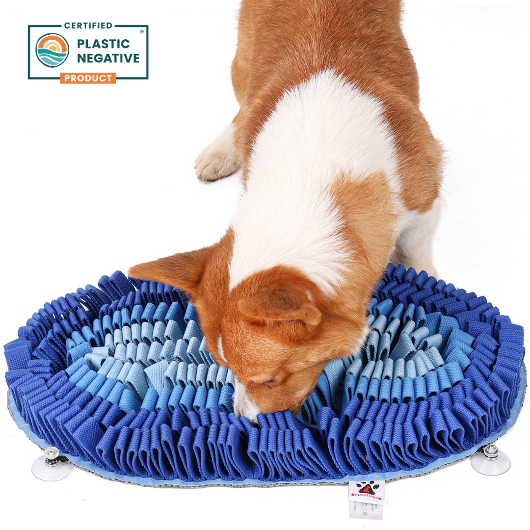 Dog playing with a blue circular mat on a white background, with a 'Plastic Negative' product certification logo.
