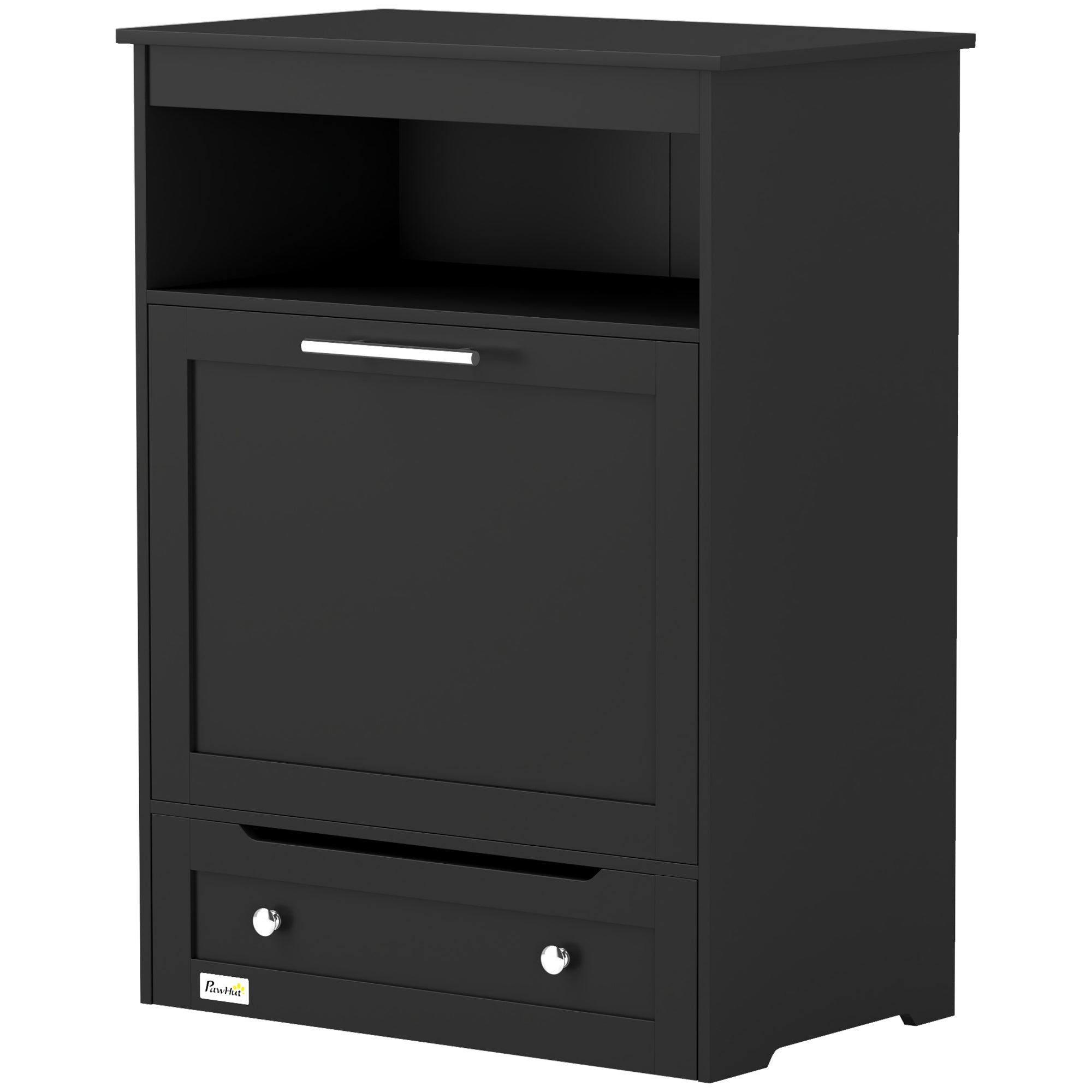 Black pet food bowl and storage cabinet with a drawer on a white background