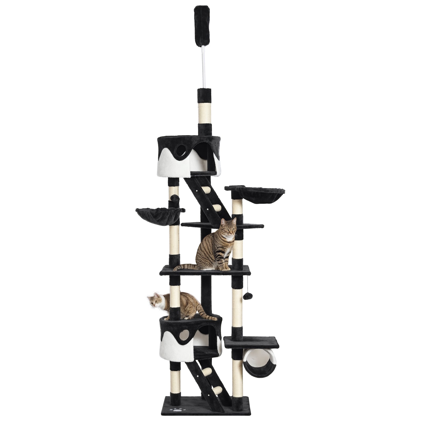 Cat tree with multiple levels and a cat sitting on it against a white background