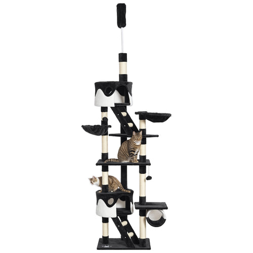 Cat tree with multiple levels and a cat sitting on it against a white background