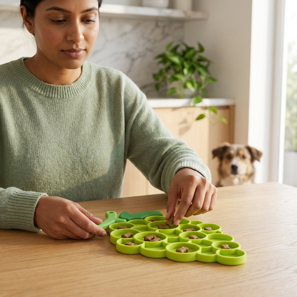 Woman placing treats on a green pet lick mat with a dog in the background.