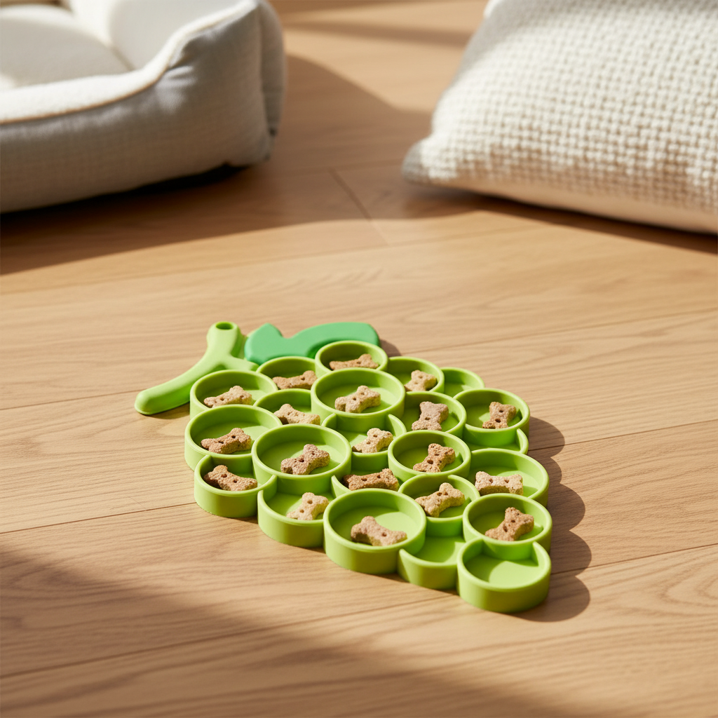 Green pet lick mat with small treats on a wooden floor.
