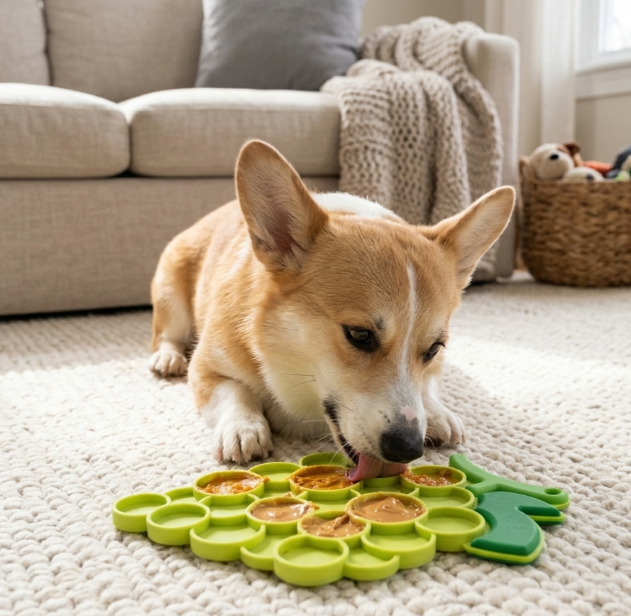 Dog interacting with a green pet lick mat on a carpeted floor.