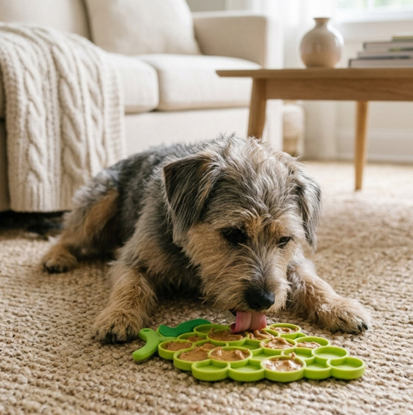 Dog playing with a green pet lick mat on a carpeted floor 