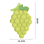Green pet lick mat shaped like a bunch of grapes with dimensions indicated.
