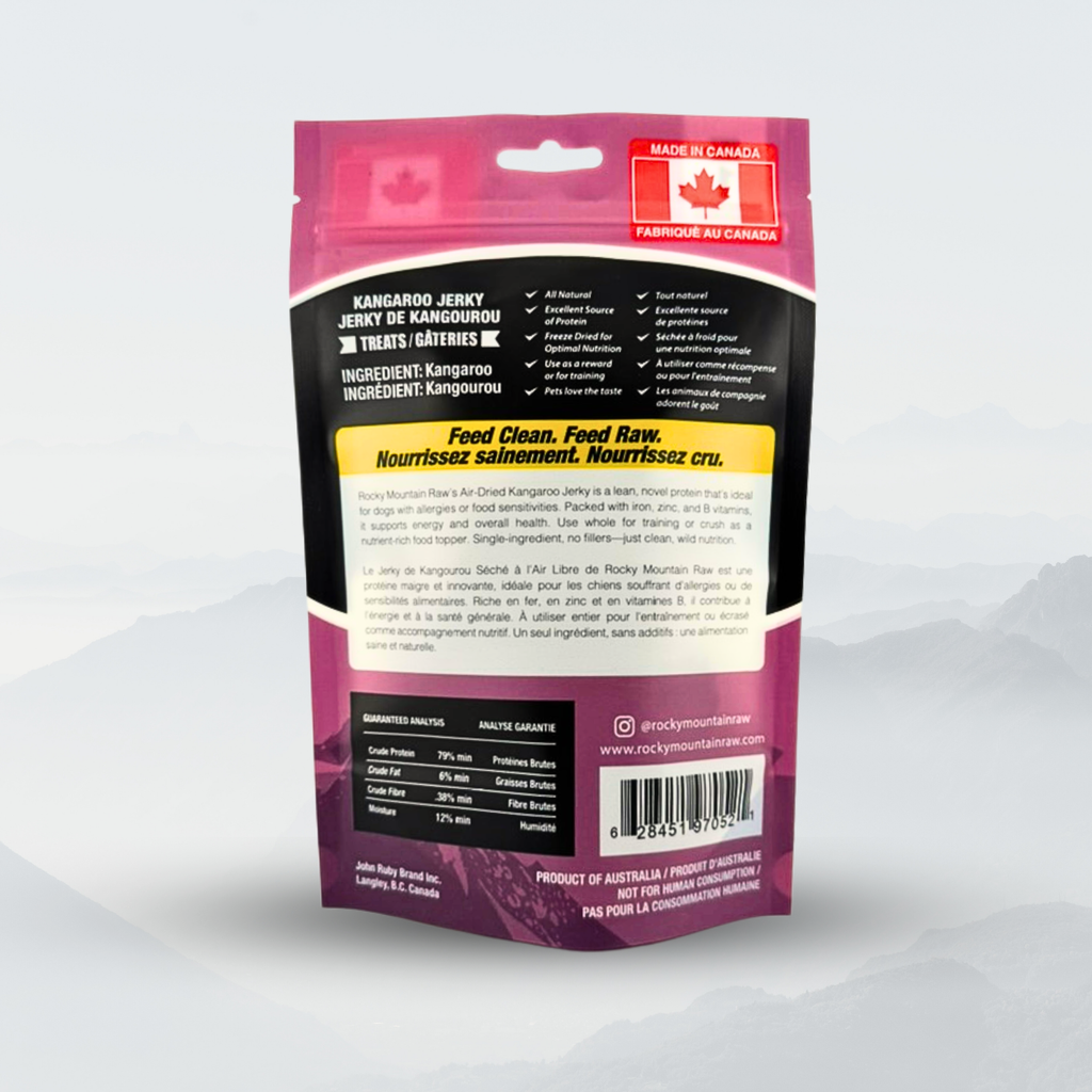 Kangaroo jerky package with pink and black design on a white background