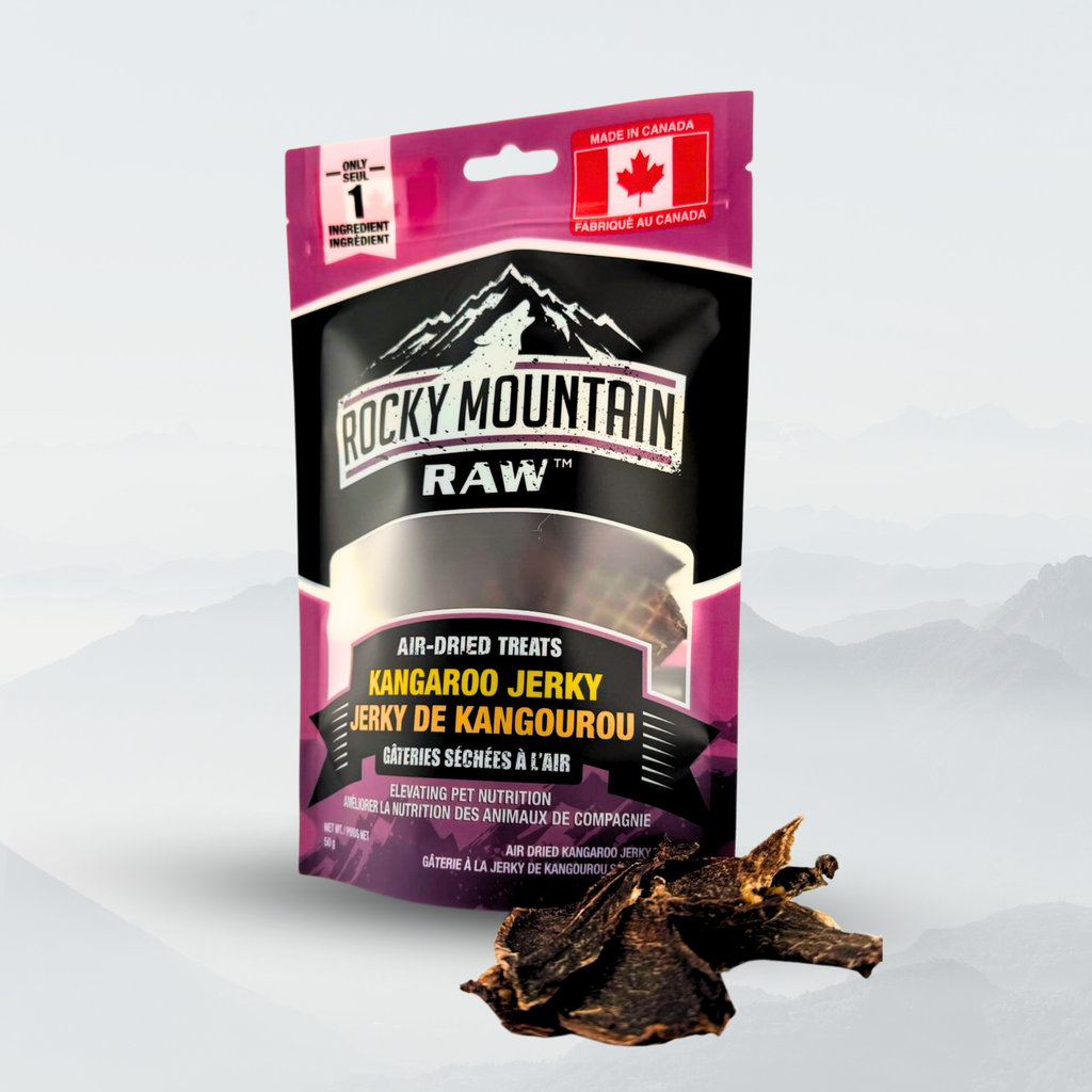 Rocky Mountain Raw kangaroo jerky package on a white background