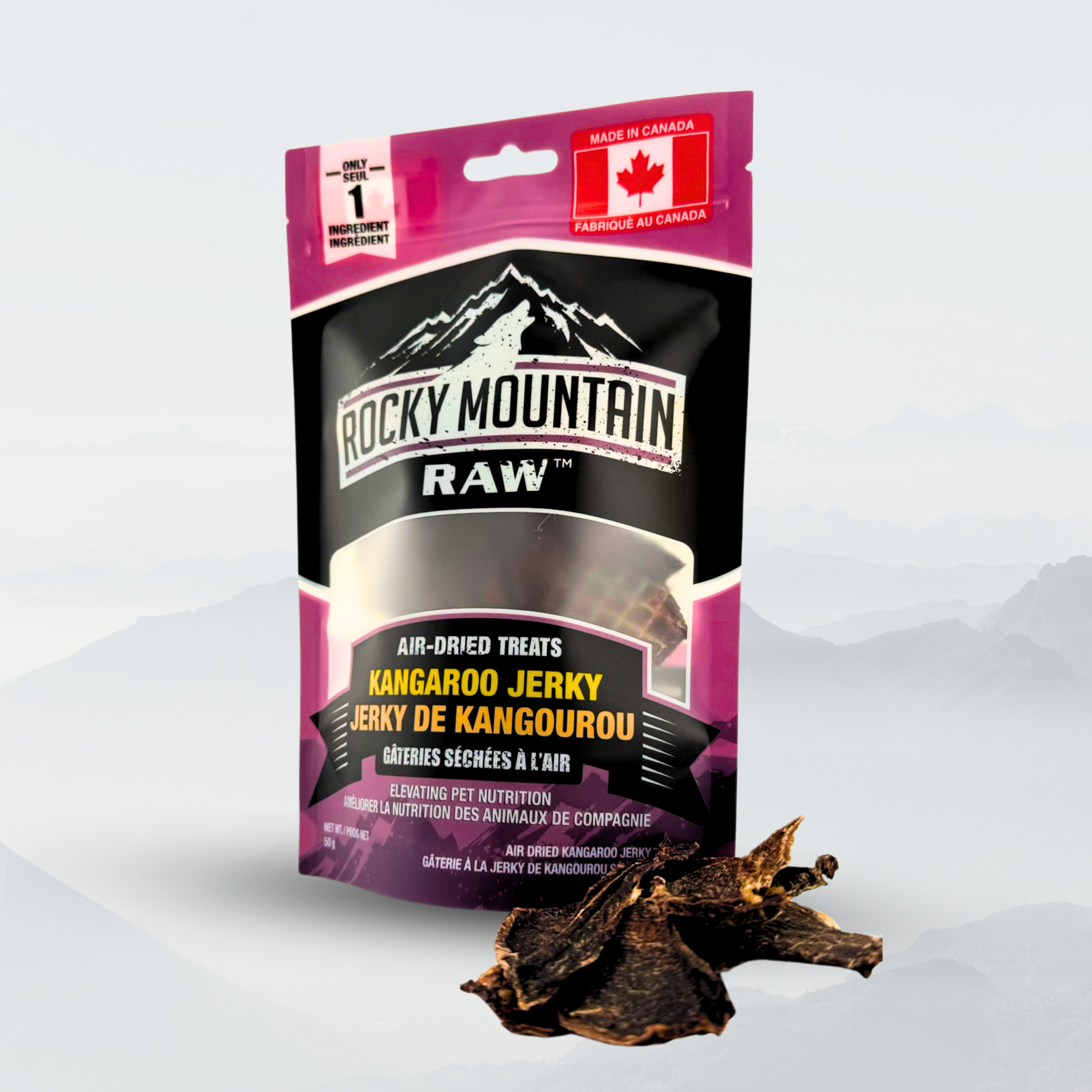 Rocky Mountain Raw kangaroo jerky package on a white background
