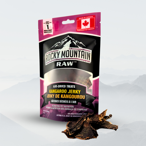 Rocky Mountain Raw kangaroo jerky package on a white background