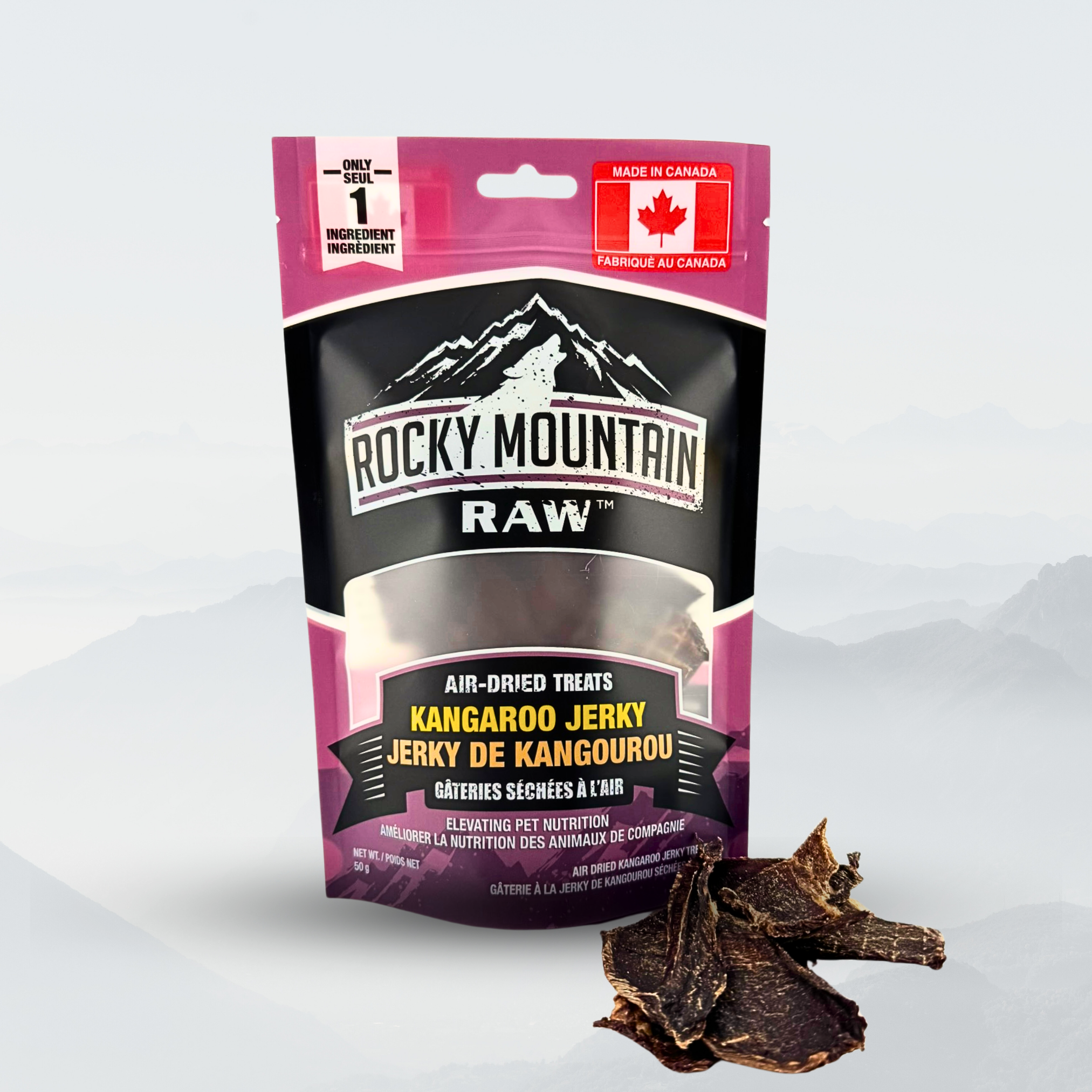 Rocky Mountain Raw Kangaroo Jerky package with air-dried treats on a white background