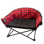 A red and black buffalo plaid camping chair with a black cushioned seat and a black metal folding frame, shown on a white background.