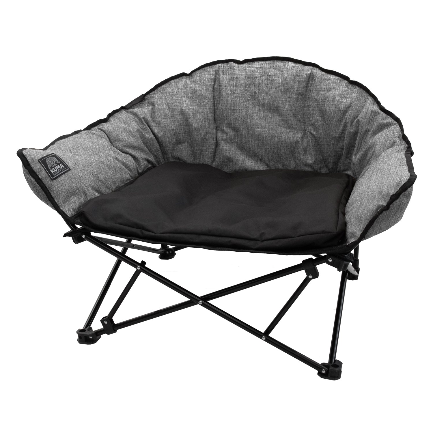 A portable camping chair with a black metal frame, featuring a black seat cushion and a heather gray fabric backrest with black piping.