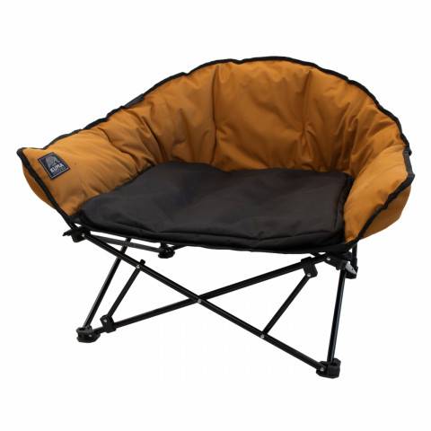 A folding camping chair with a crescent-shaped backrest, featuring a mustard yellow padded fabric on the back and sides, a black seat cushion, and a black metal frame, shown on a plain white background.