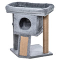Gray cat tree with a cylindrical hole and sisal-covered post on a white background