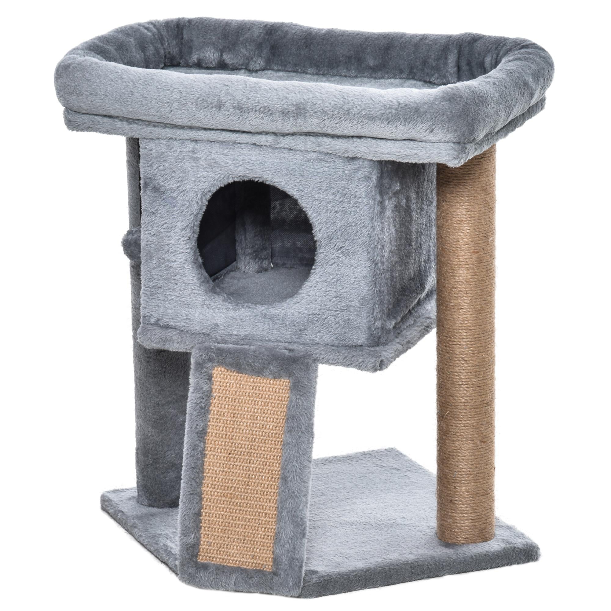 Gray cat tree with a cylindrical hole and sisal-covered post on a white background