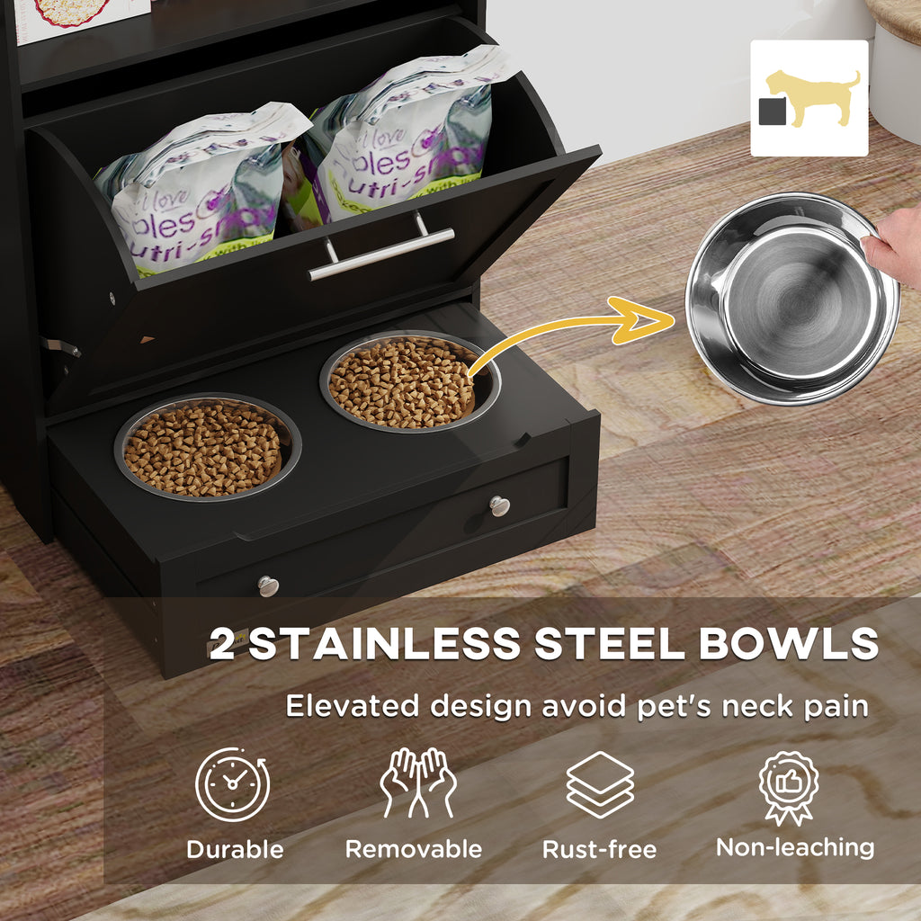 Pet feeding station with elevated stainless steel bowls on a wooden floor.