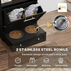 Pet feeding station with elevated stainless steel bowls on a wooden floor.