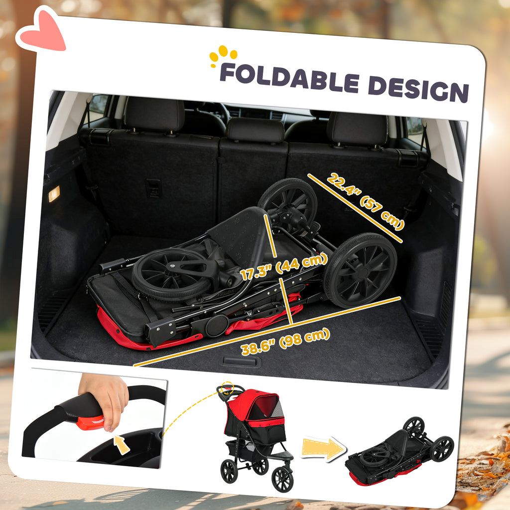 Foldable baby stroller shown in a car trunk with measurements and additional images of the stroller.
