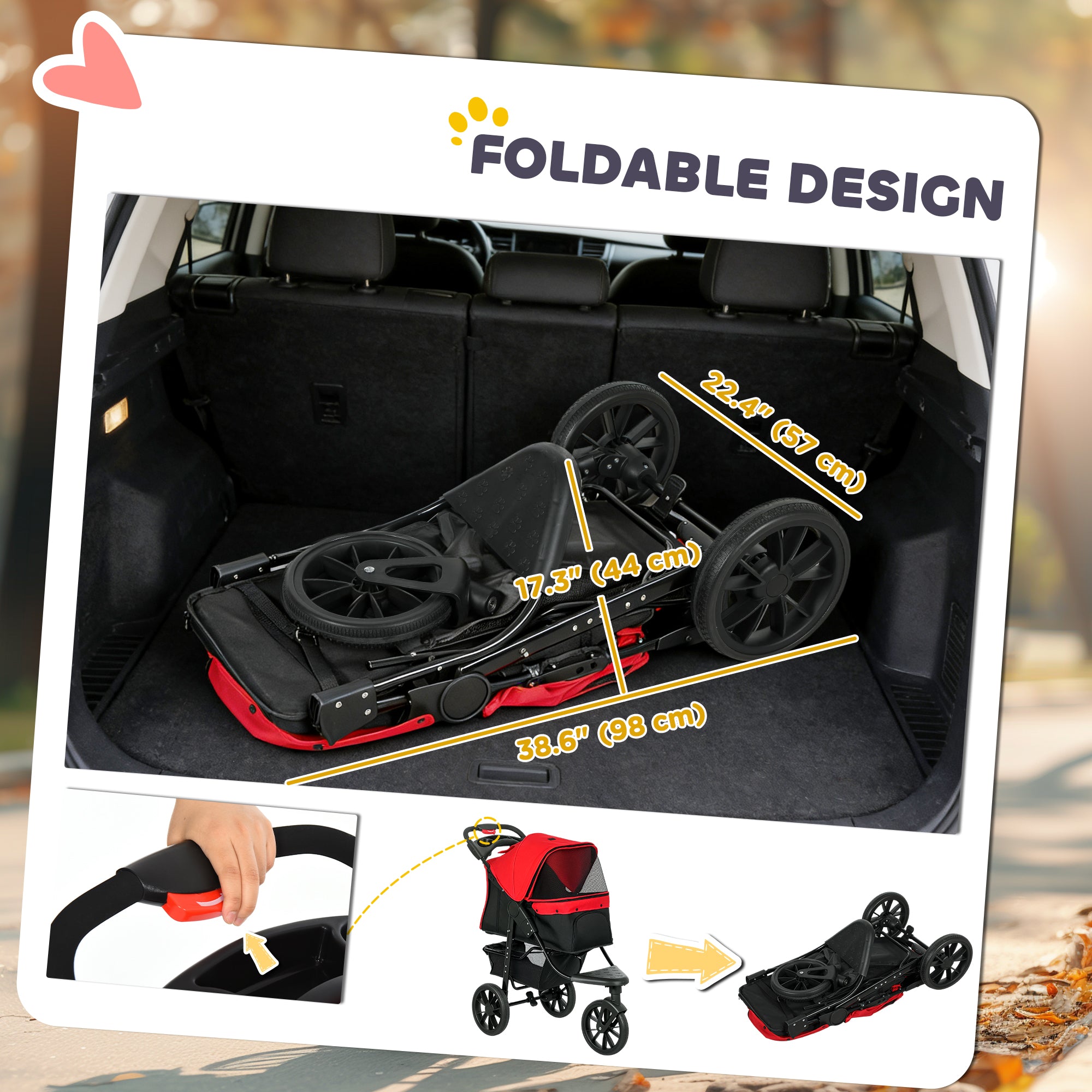 Foldable baby stroller shown in a car trunk with measurements and additional images of the stroller.