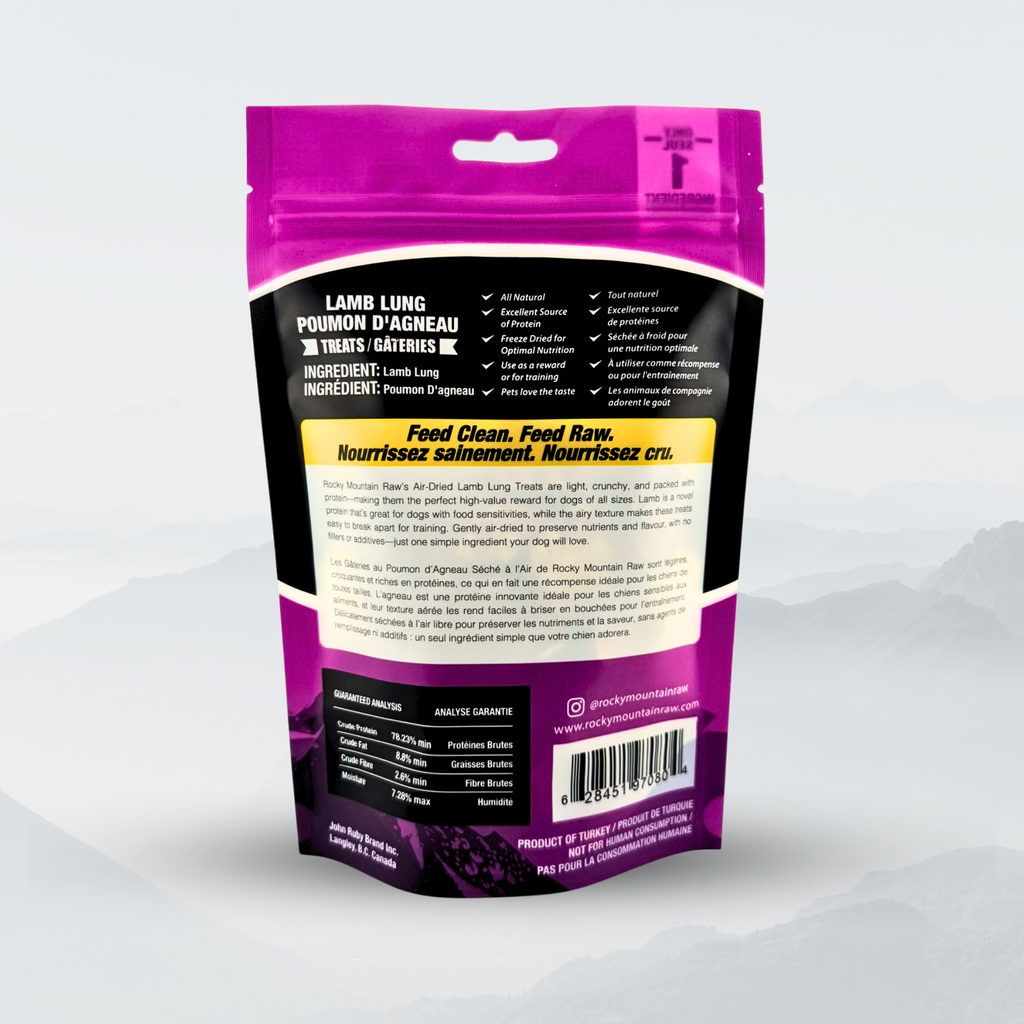 Purple pet food packaging with black text on a white background