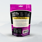 Purple pet food packaging with black text on a white background