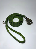 Green dog leash with a metal clip on a white background