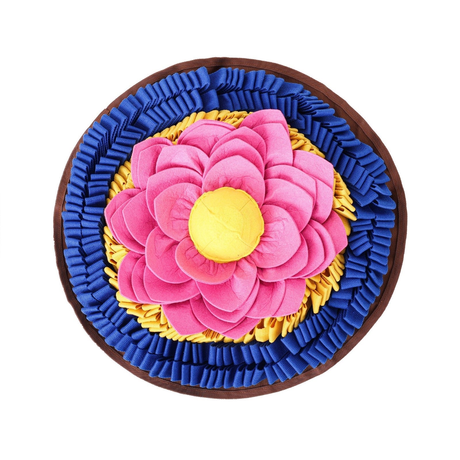 Pink lotus flower on a blue and yellow snuffle mat on a white background