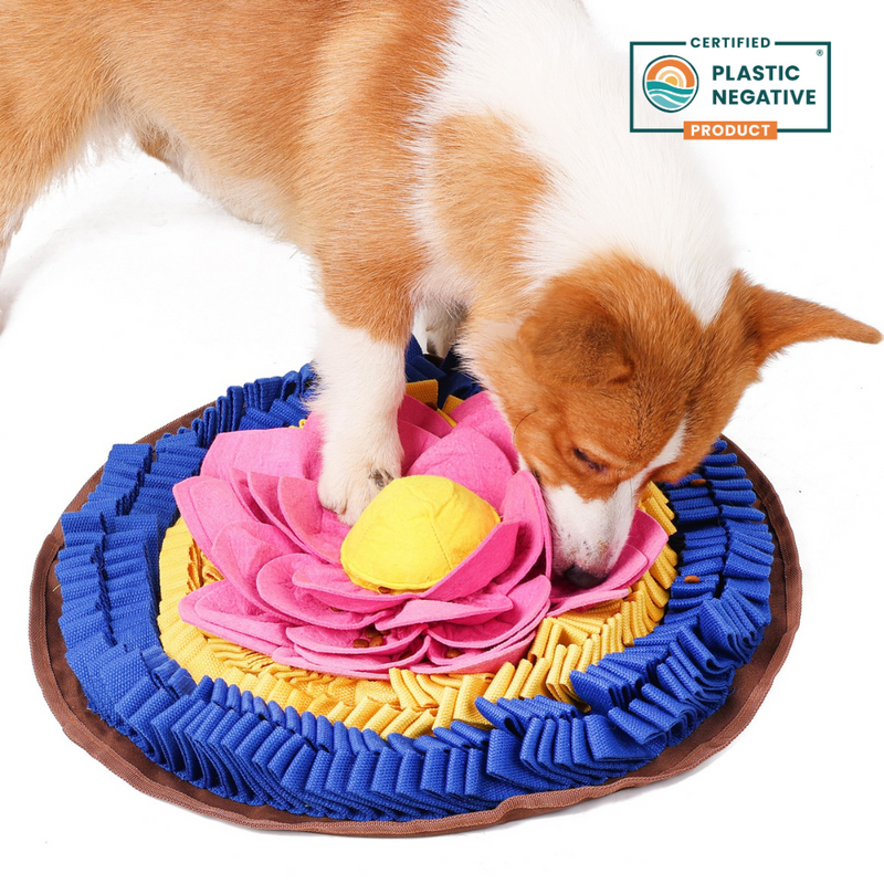 Dog playing with a colorful snuffle mat, with a 'Certified Plastic Negative' product label in the corner.