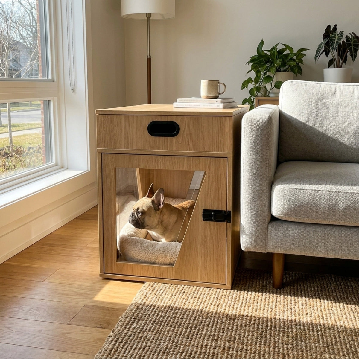Wooden pet crate with a dog inside, placed next to a sofa and window in a living room.