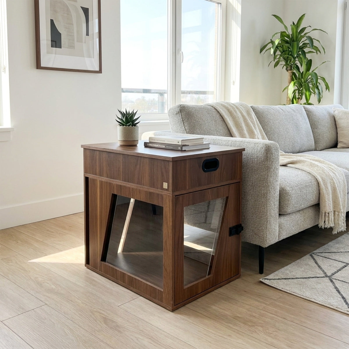 Wooden pet crate with transparent door in a living room setting