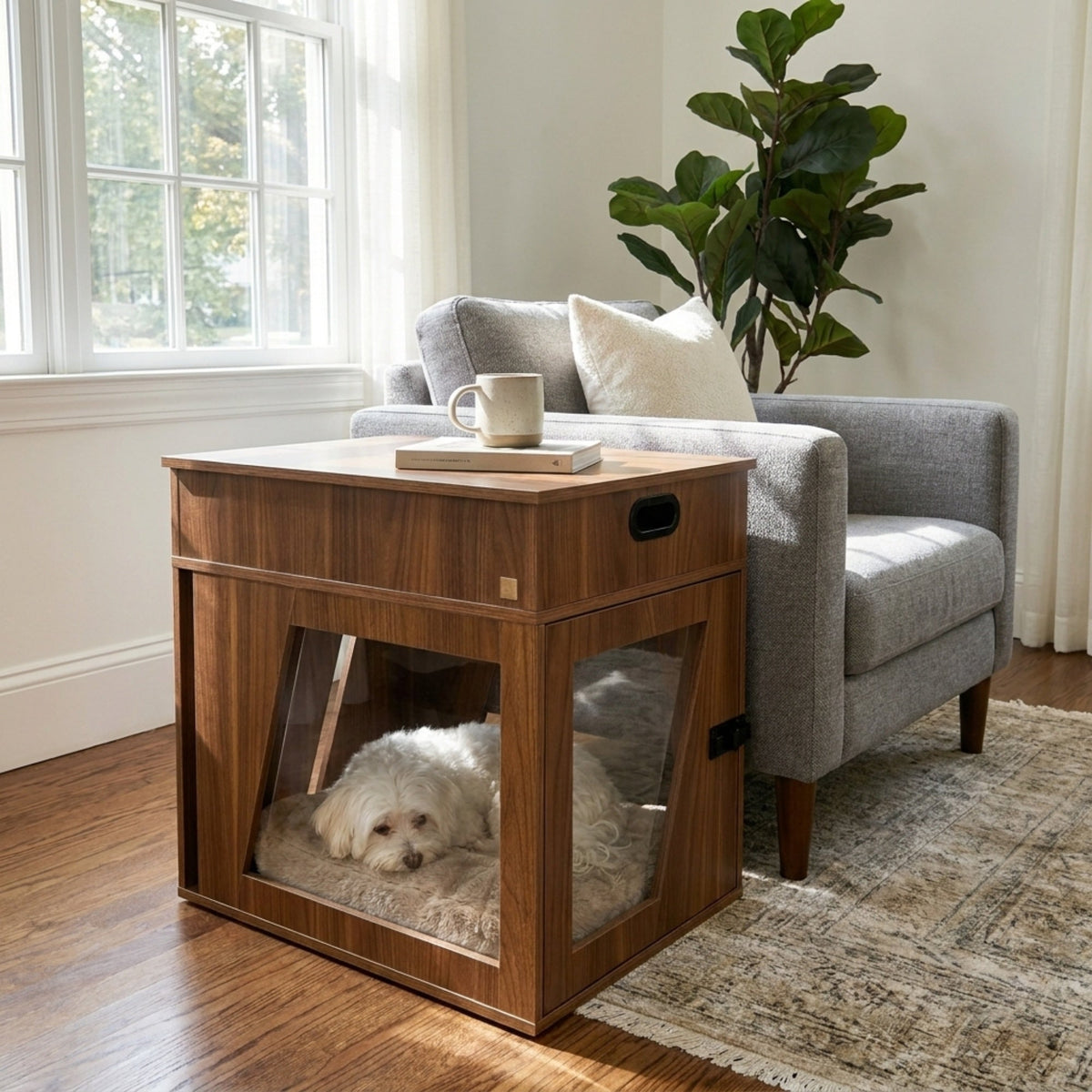 Wooden pet crate with a dog inside, placed on a wooden floor in a living room setting.